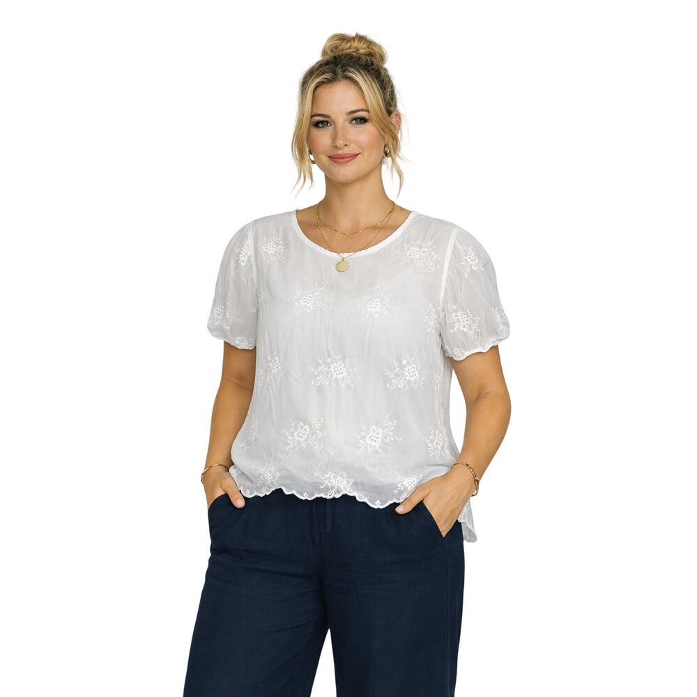 Angela Moda Women's M White Silk‑Blend Blouse Italy Eyelet Lined Cottagecore EUC